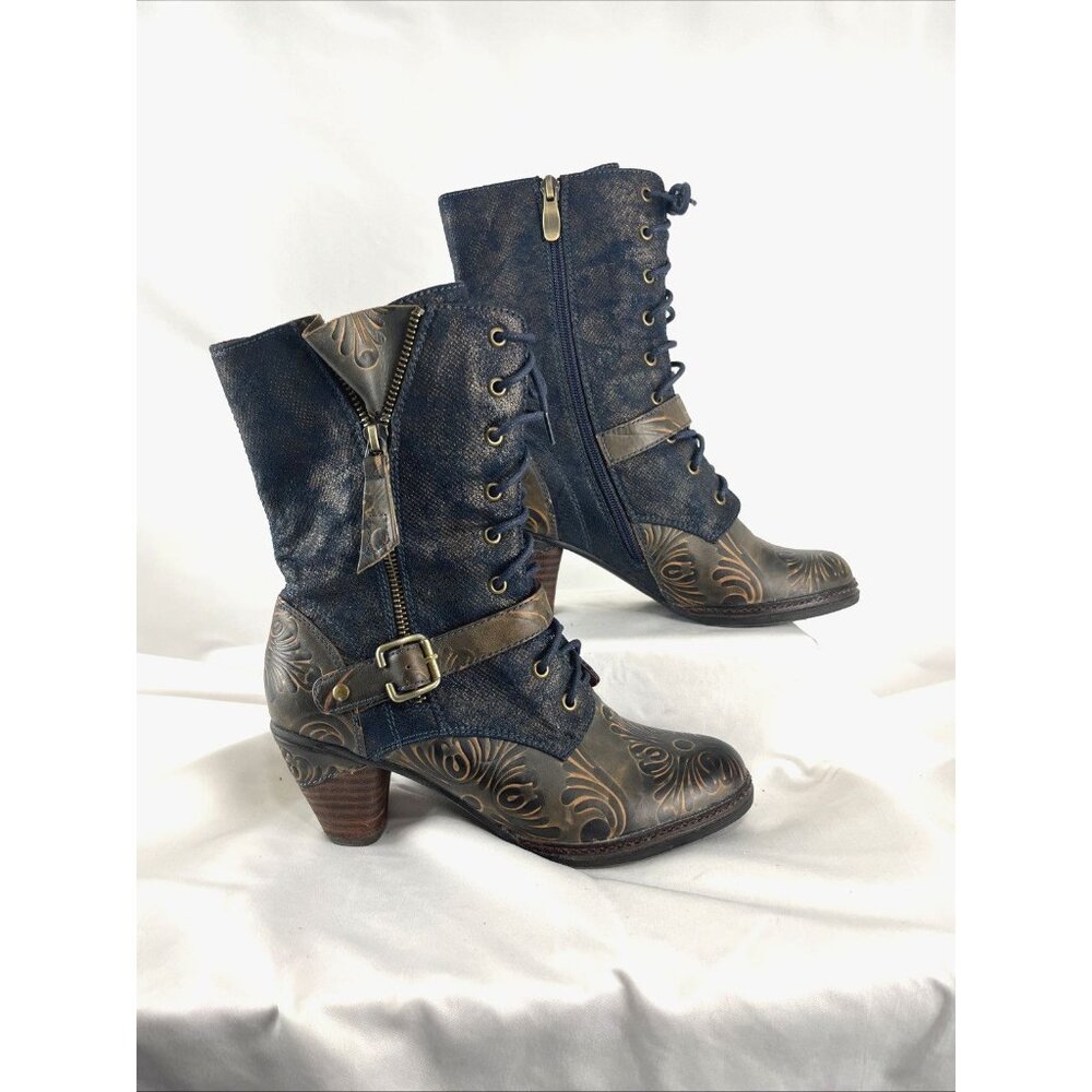 Italmoda Leather Artsy Lace Buckle Zip Boots Womens EU Size 37